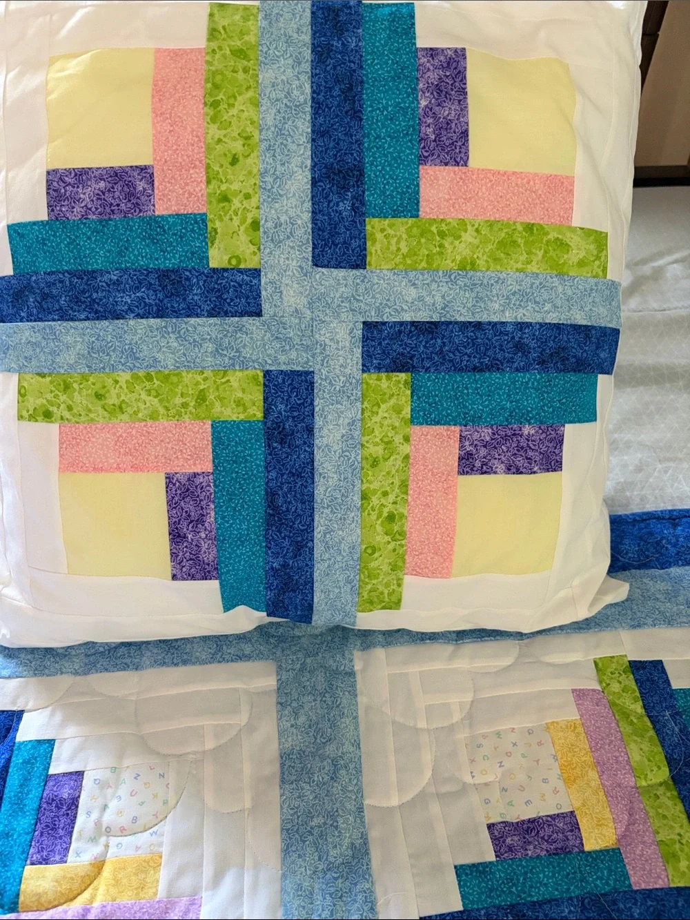 Vintage Handmade Patchwork Quilt with Blue, Green, Purple, Yellow Accents